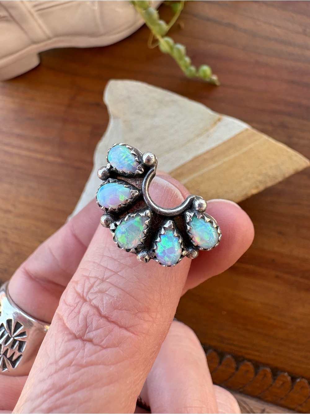 Artisan Opal Teardrop Cluster Ring - Iridescent Blue-Green Sterling Silver 8.5